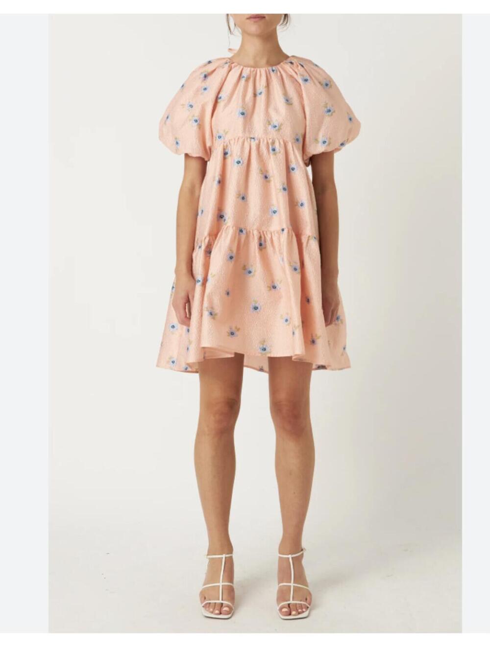 Endless Rose Peach Floral Textured Back Tie Mini Dress Size S